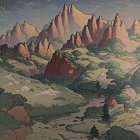 Illustrated landscape with towering rock formations, greenery, stream, and blue sky.