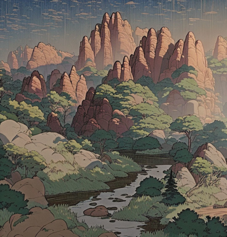 Illustrated landscape with towering rock formations, greenery, stream, and blue sky.