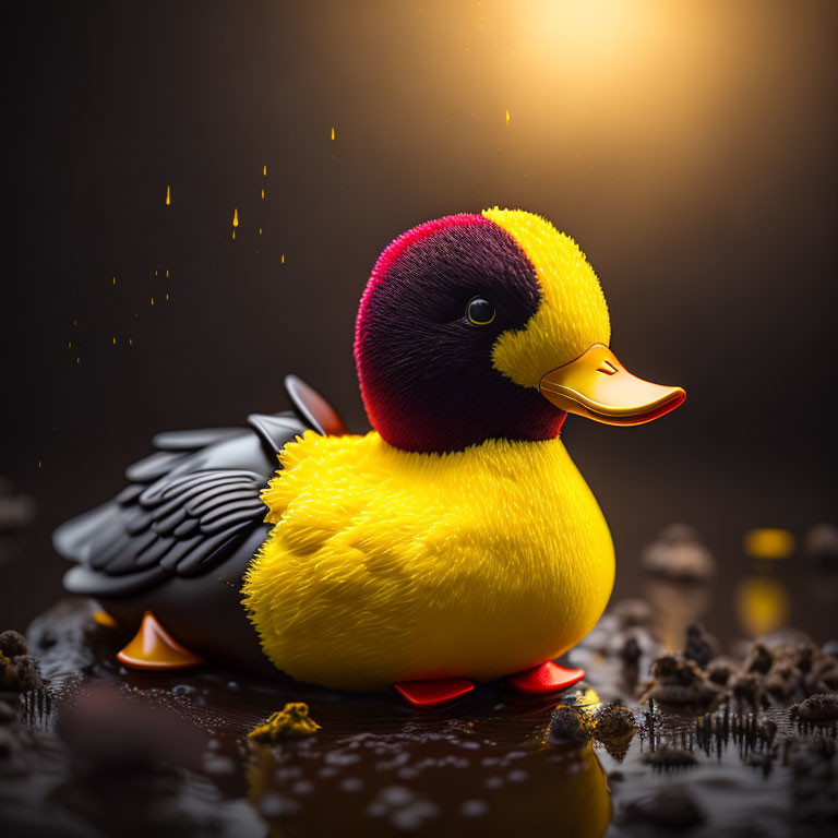 Colorful Rubber Duck with Red Head, Yellow Body, Grey Wings on Wet Surface