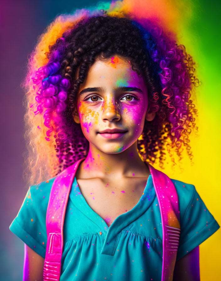 Curly-Haired Girl Covered in Vibrant Colored Powder on Multicolored Background