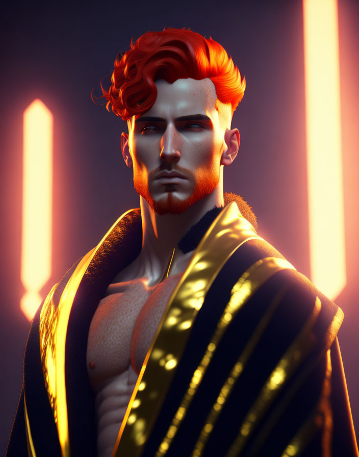 Stylized 3D illustration of a man with red hair and beard in gold-accented