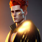 Male Figure Illustration: Red Hair, Gold Face Decals, Stern Look, Black Coat