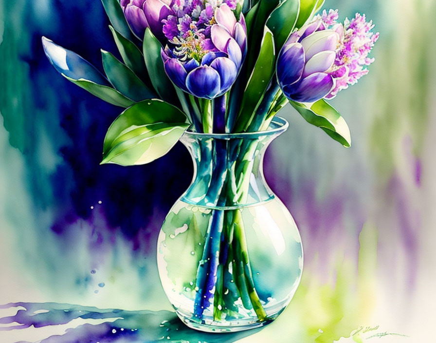 Colorful watercolor painting of purple flowers in glass vase on blue-green background