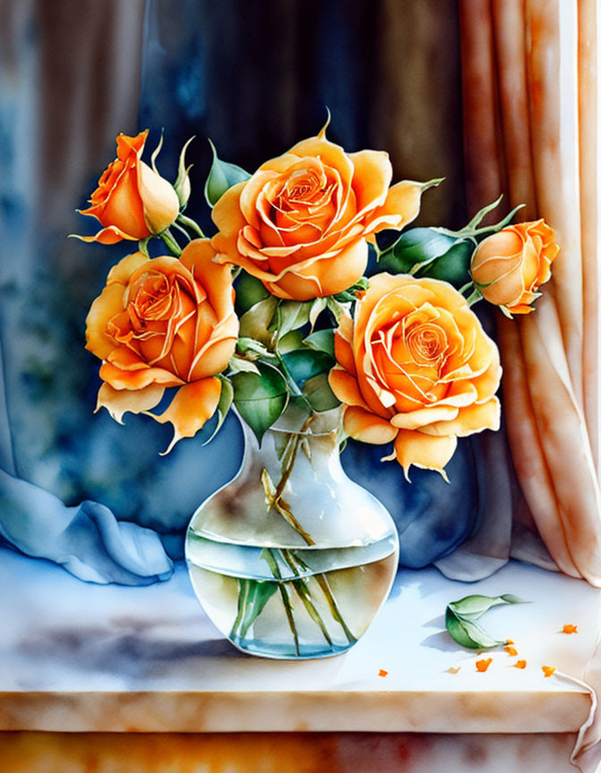 Orange Roses Bouquet in Clear Vase with Scattered Petals