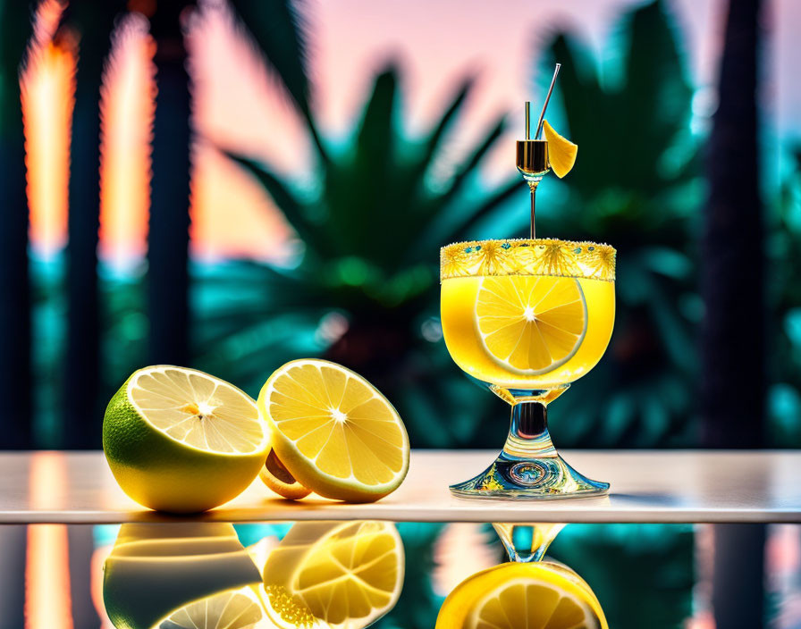 Tropical cocktail with lemon slice garnish, lemons, palm trees, sunset sky