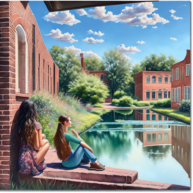 Two women by calm pond near red-brick buildings and greenery under blue sky.