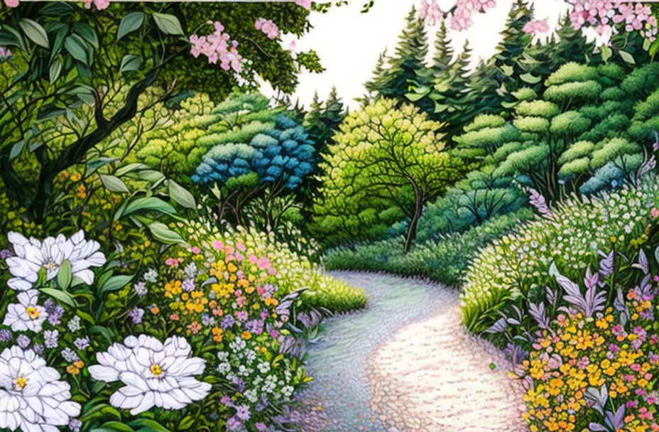 Lush Garden Path with Vibrant Flowers in Colorful Forest