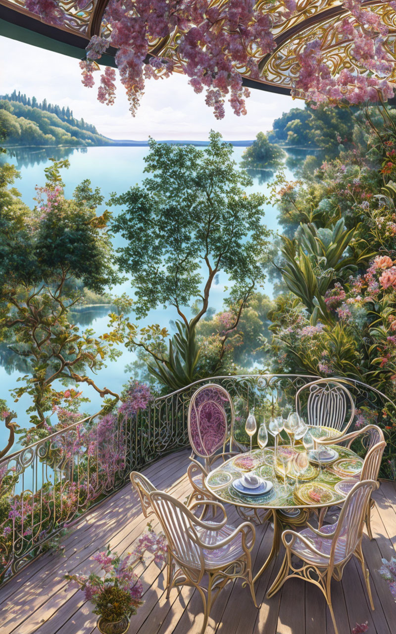 Tranquil lake view balcony with elegant dining setup