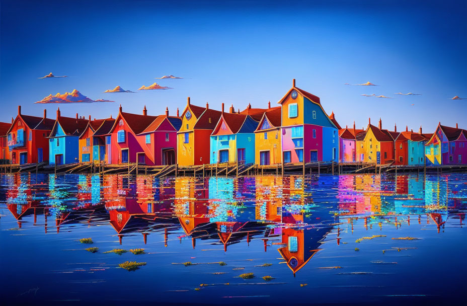 Vivid Reflections of Colorful Houses on Calm Water