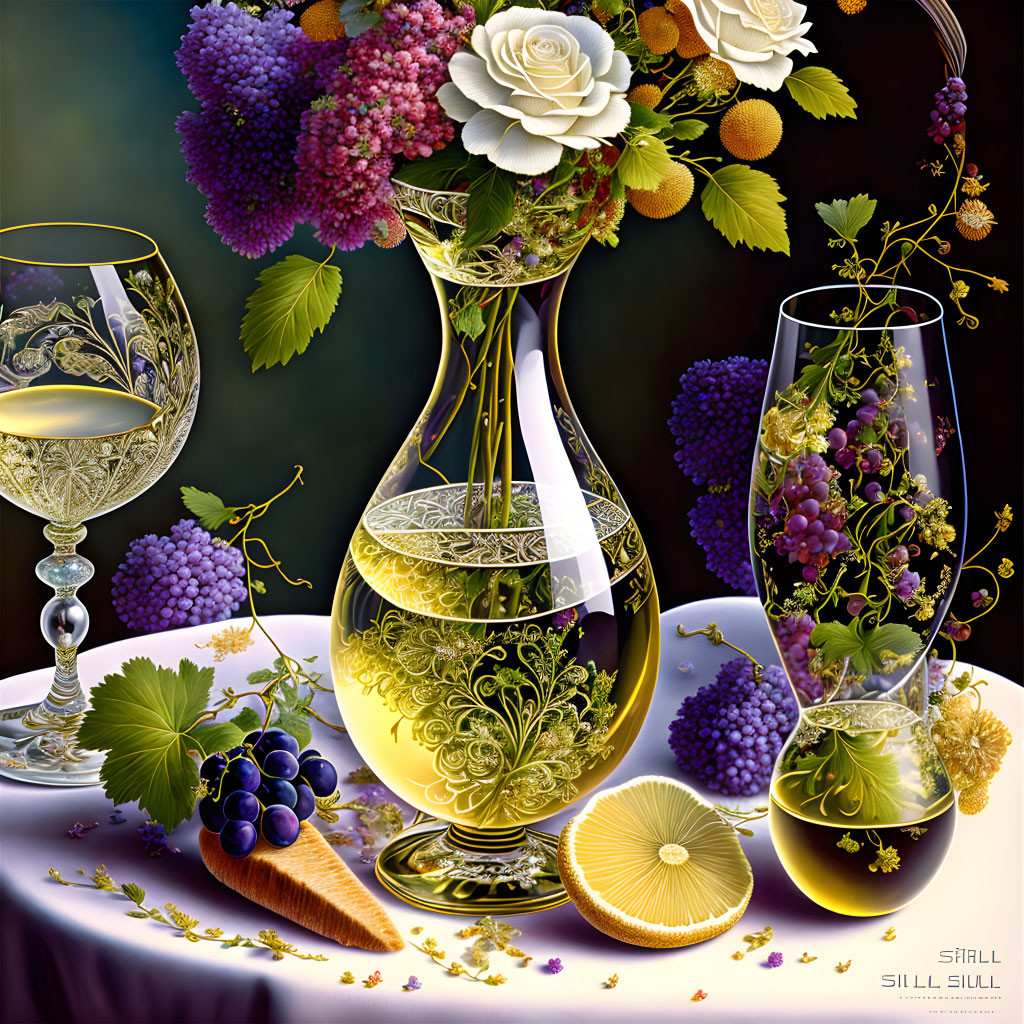 Ornate still life with flowers, vase, glasses, nature elements on dark background