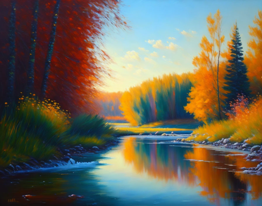 Vibrant autumn landscape painting with tranquil river and golden-hued trees.