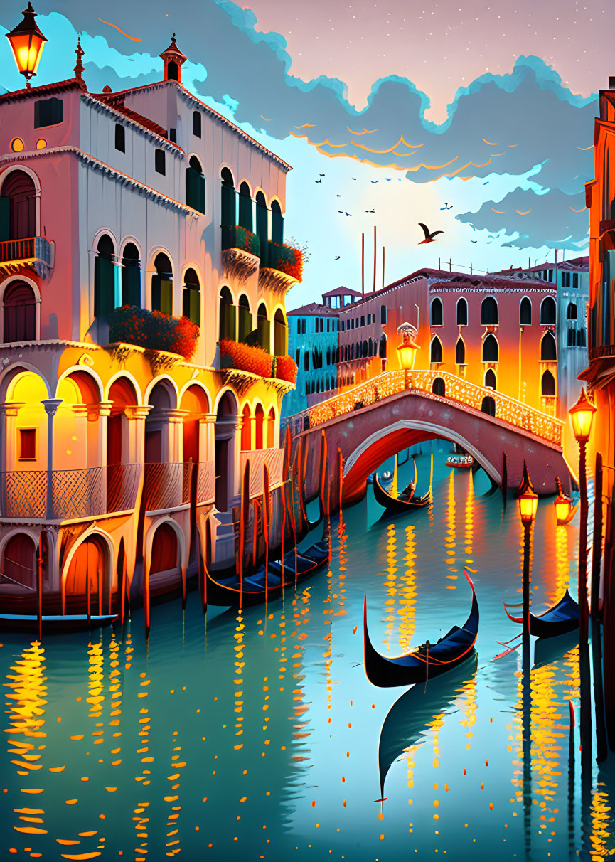 Venice illustration: gondolas, arched bridge, colorful buildings