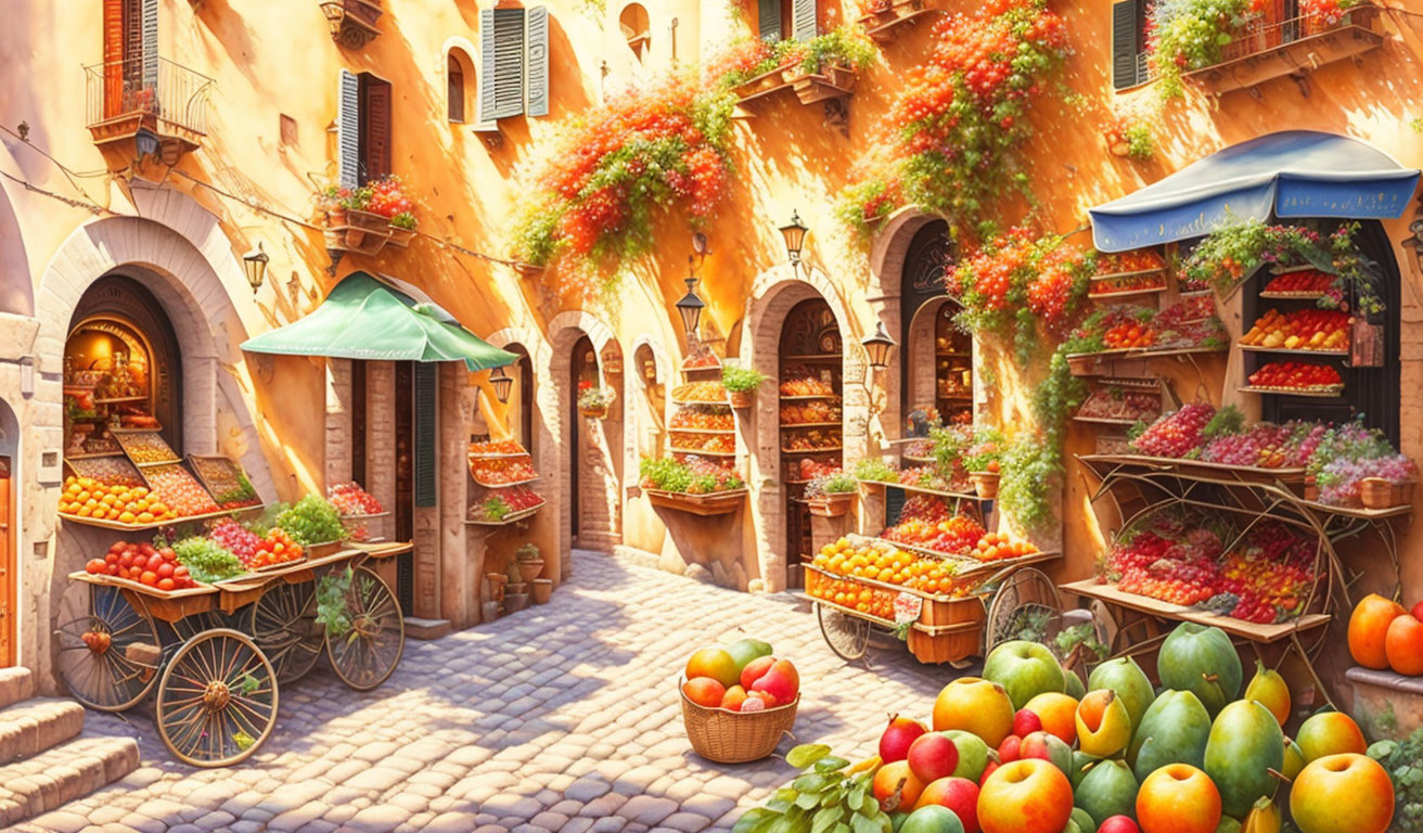 Sunny cobblestone street with fruit stands and lush plants