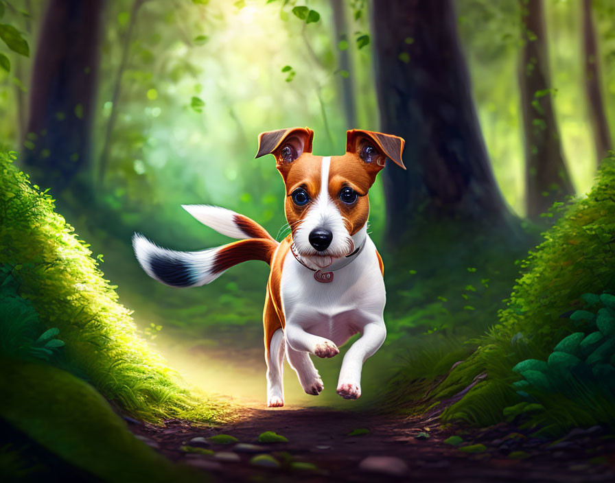 Energetic Jack Russell Terrier Puppy in Sunlit Forest