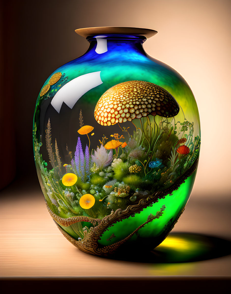 Colorful Underwater Seascape Glass Vase with Coral, Fish, and Mushroom