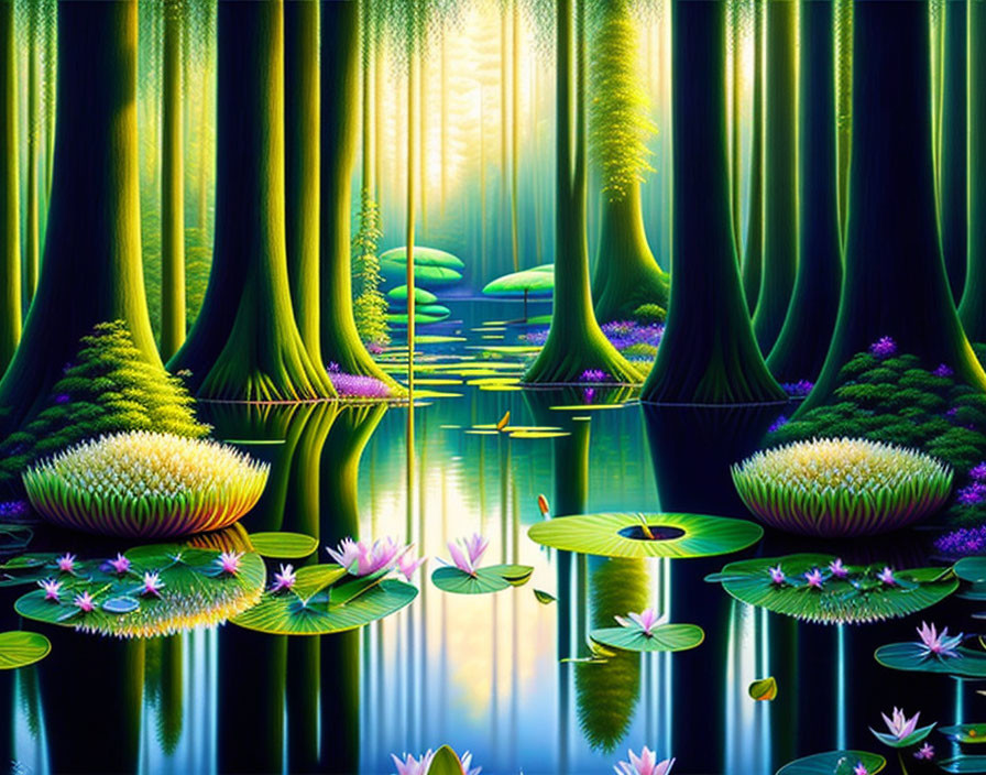 Colorful illustration: Magical forest with green trees, reflective water, and lotus flowers under mystical light