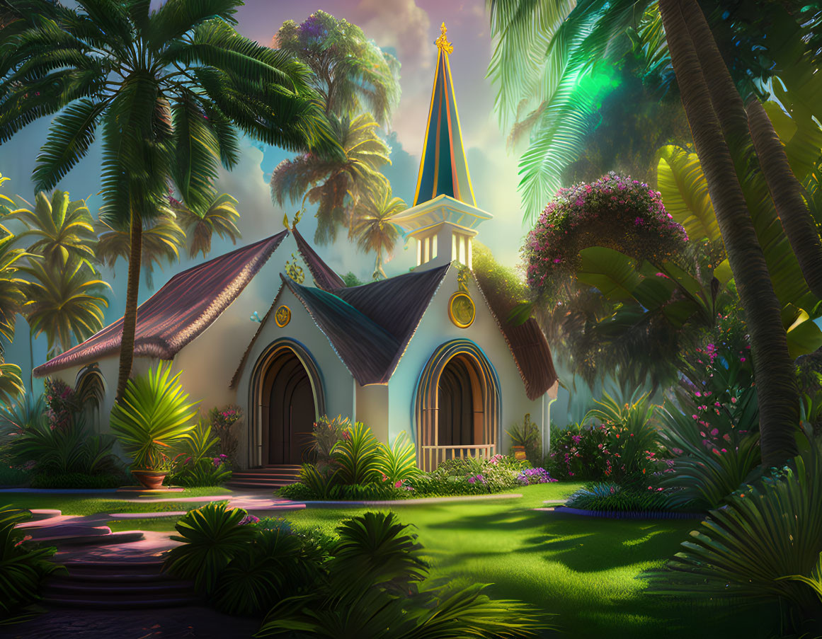 Tropical Chapel Surrounded by Lush Foliage and Palm Trees