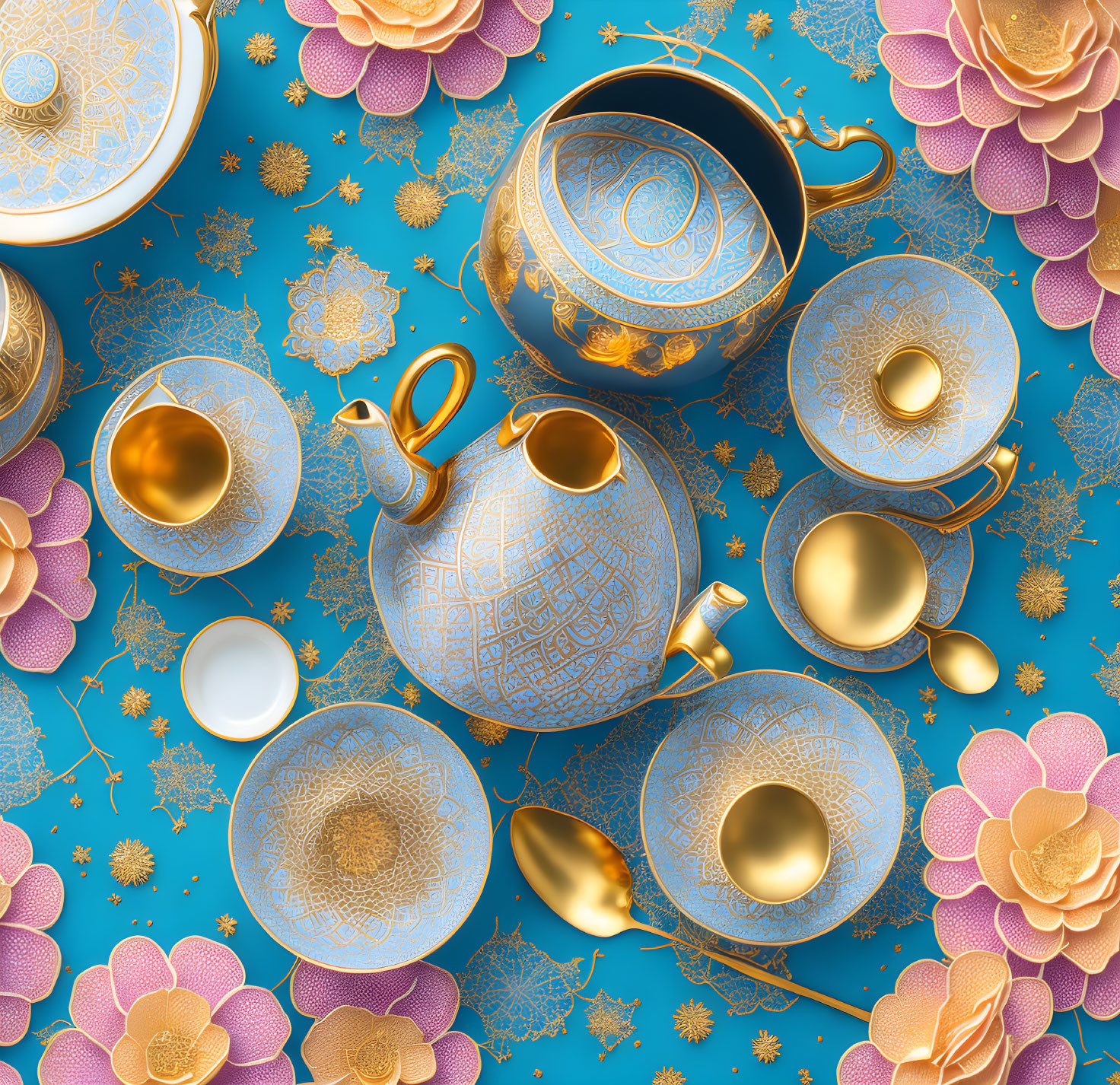 Blue and Gold Patterned Tea Set with Ornate Flower Design