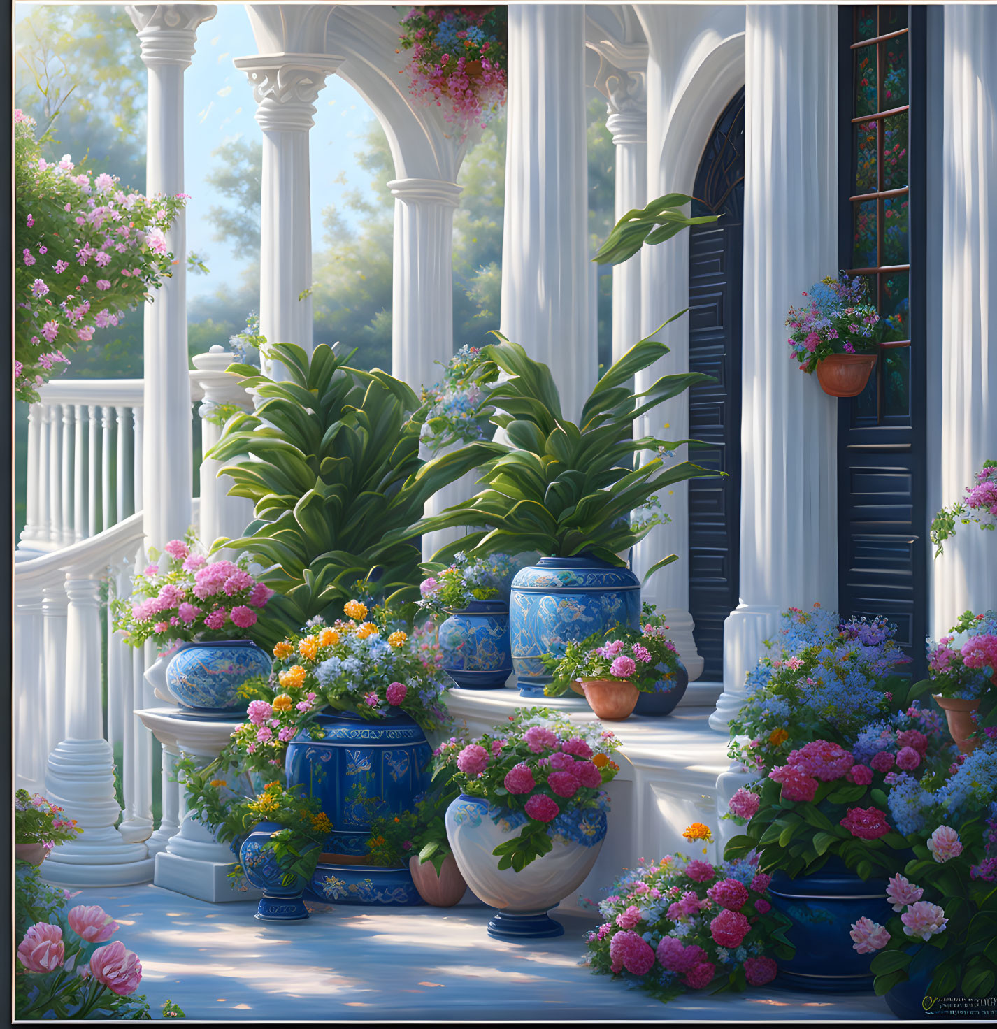 Blooming flowers on porch with white columns