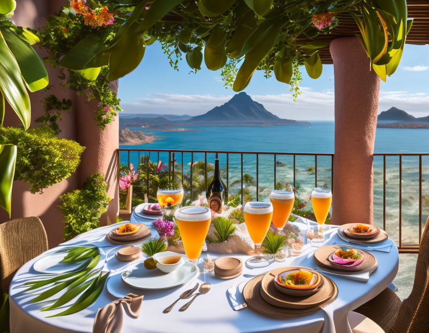 Seaside balcony breakfast table with mountain view and beer.