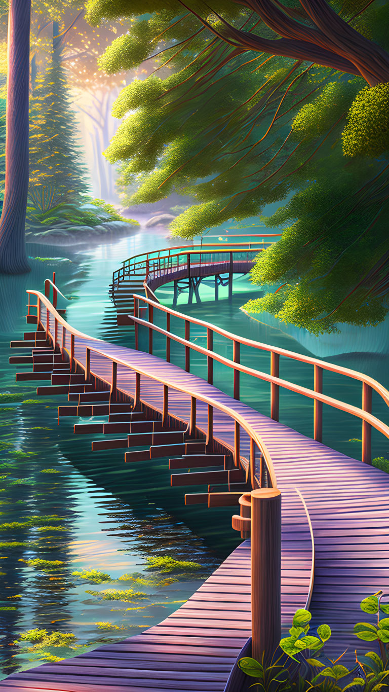 Tranquil lake scene with wooden walkway and lush greenery