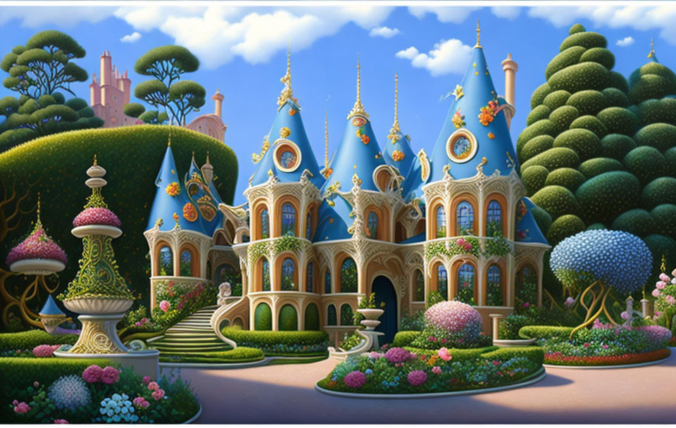 Whimsical fairy tale castle in lush greenery & vibrant gardens