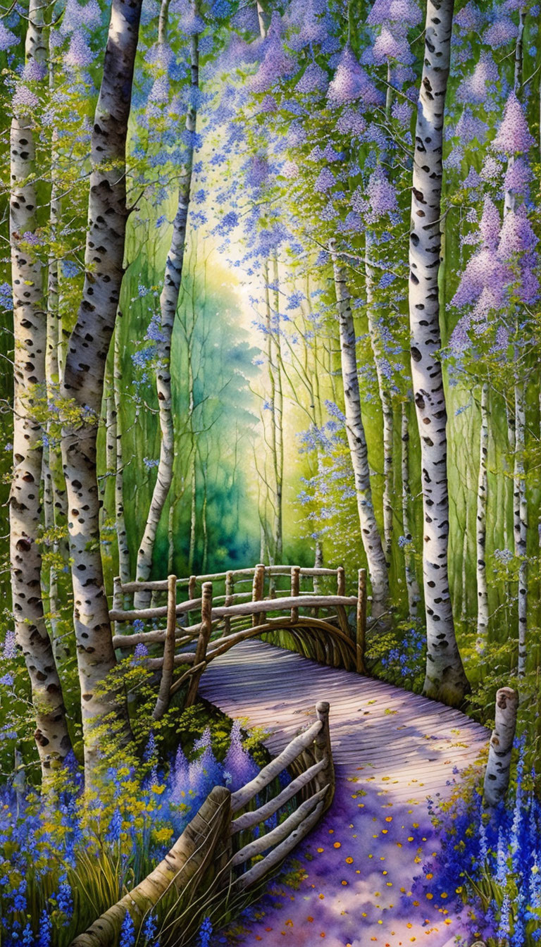 Colorful birch forest painting with wooden bridge, purple flowers, and sun rays.