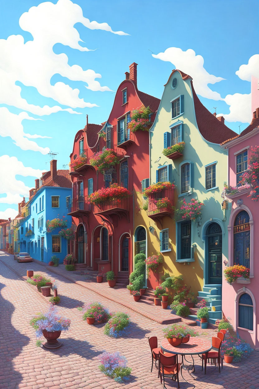 Colorful Houses and Café on Vibrant Cobblestone Street