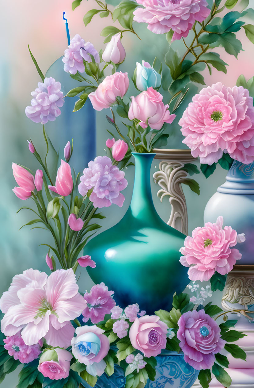 Colorful roses and tulips in blue vase with white jar on soft backdrop