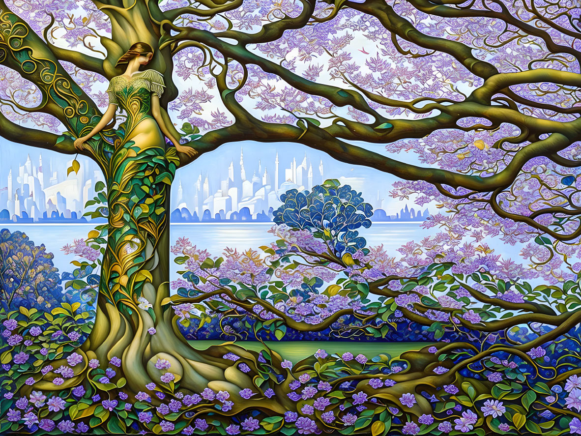 Colorful artwork of woman merging with tree, intricate branches, blooming flowers, city skyline.