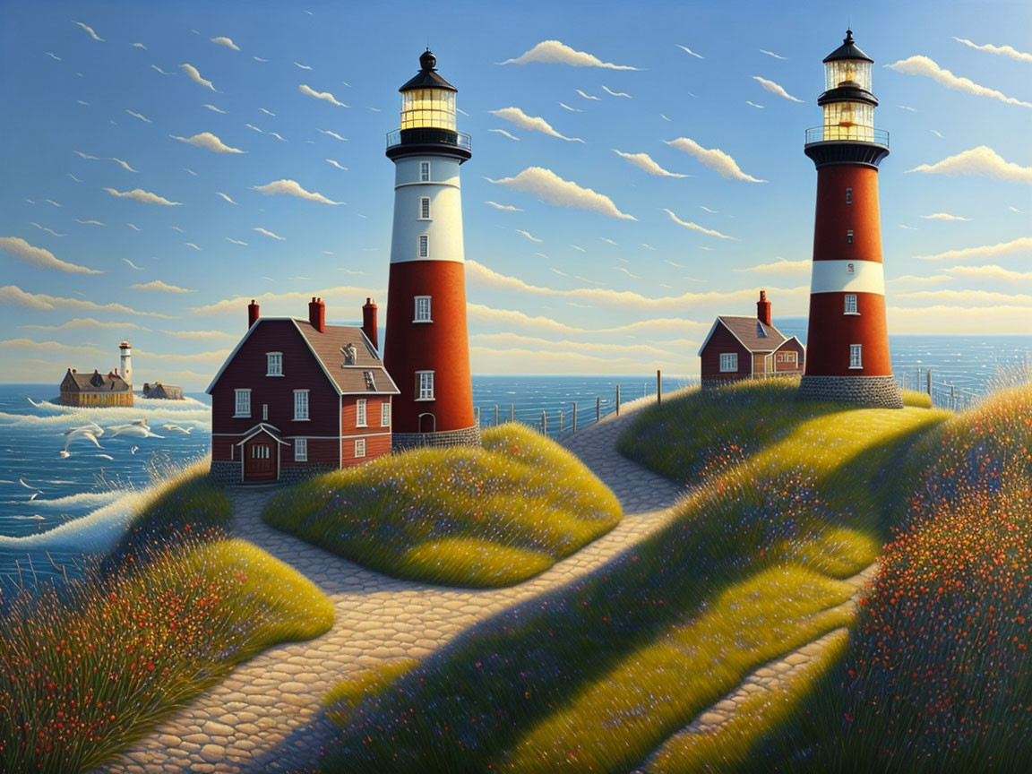 Grassy coast with two lighthouses, boat, and wildflowers