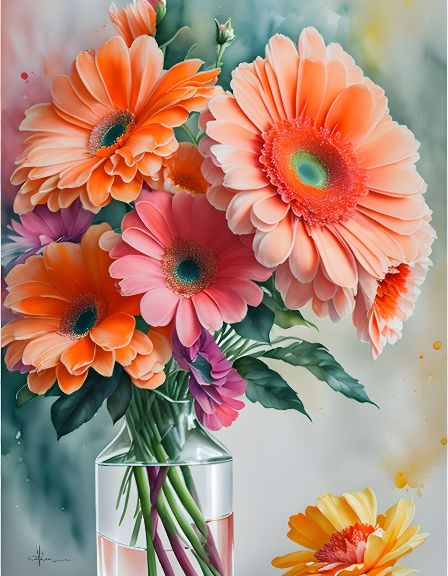 Orange Daisies in Glass Vase on Droplet-speckled Background