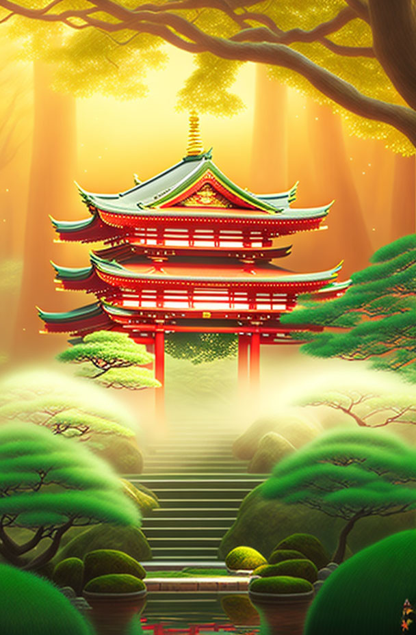 Traditional Japanese pagoda in lush forest setting with sunlight filtering through.