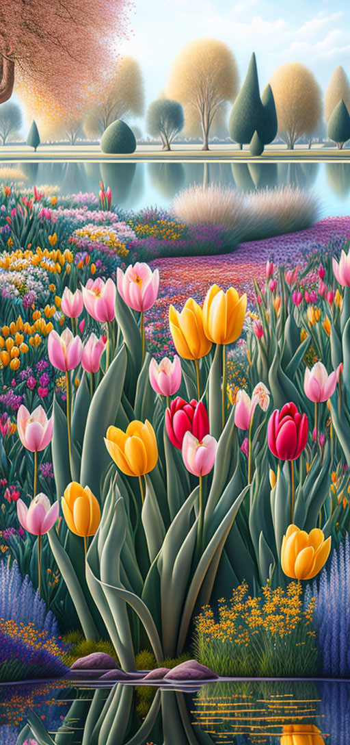 Colorful Tulip Garden by Serene Lake