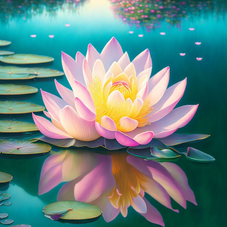 Pink and White Lotus Flower Blooming Above Water with Lily Pads and Reflection