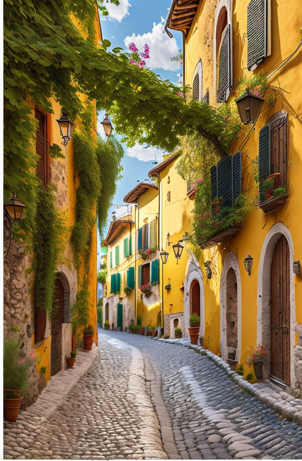 Vibrant yellow houses on cobblestone street with greenery and blue sky