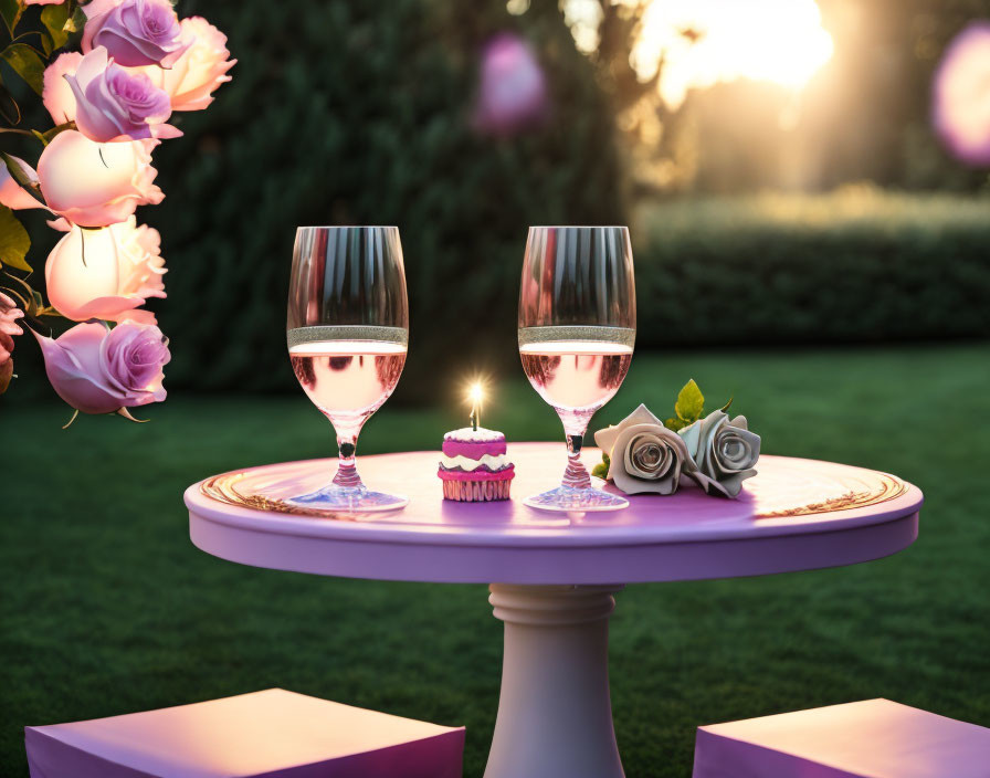 Rosé wine glasses, cupcake, and flowers on purple table in garden at sunset