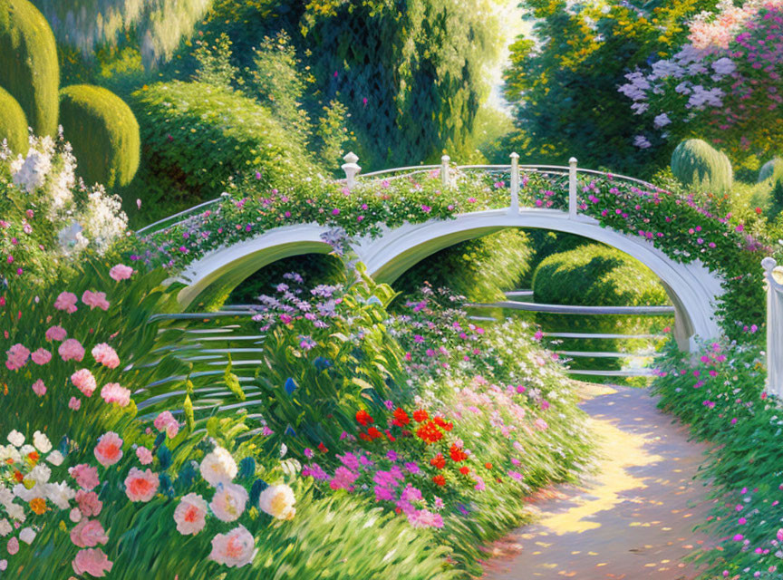 Scenic garden with white arched bridge and vibrant flowers