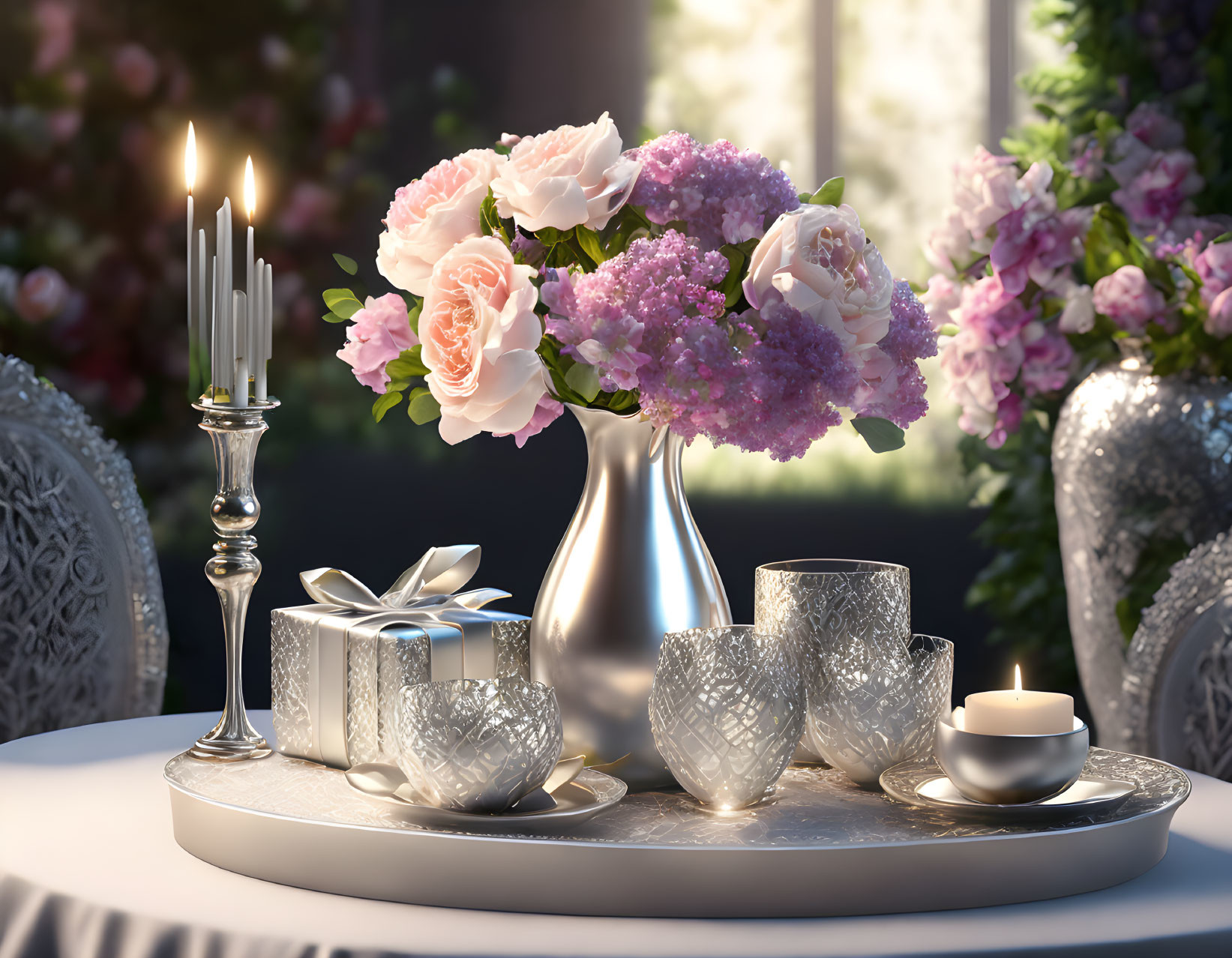 Floral centerpiece, candles, gifts on elegant table with greenery