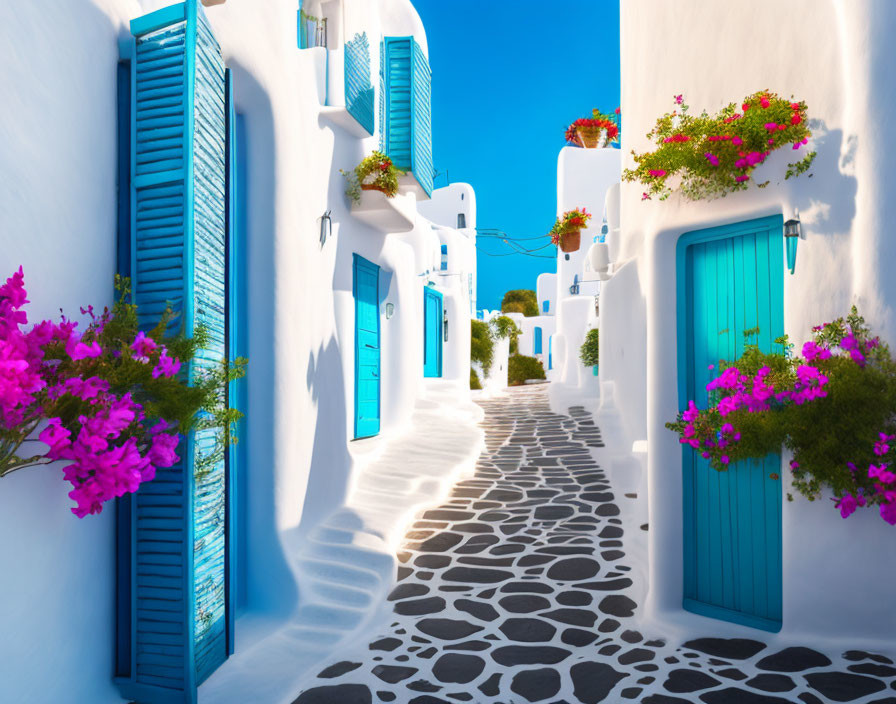 Charming Cycladic Alley with Pink Bougainvillea and Cobalt Blue Accents