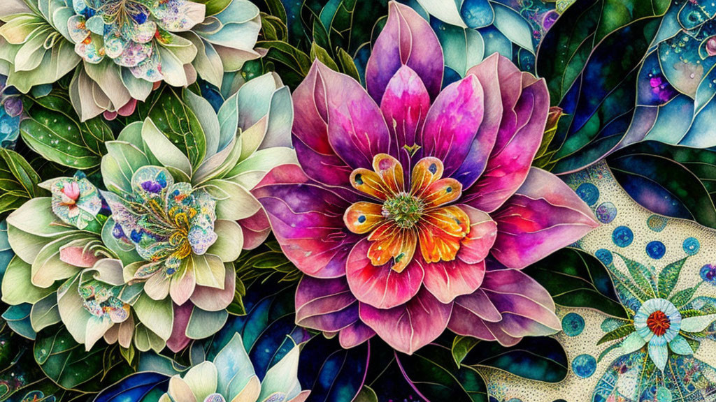 Colorful Digital Art: Stylized Floral Blooms with Intricate Patterns