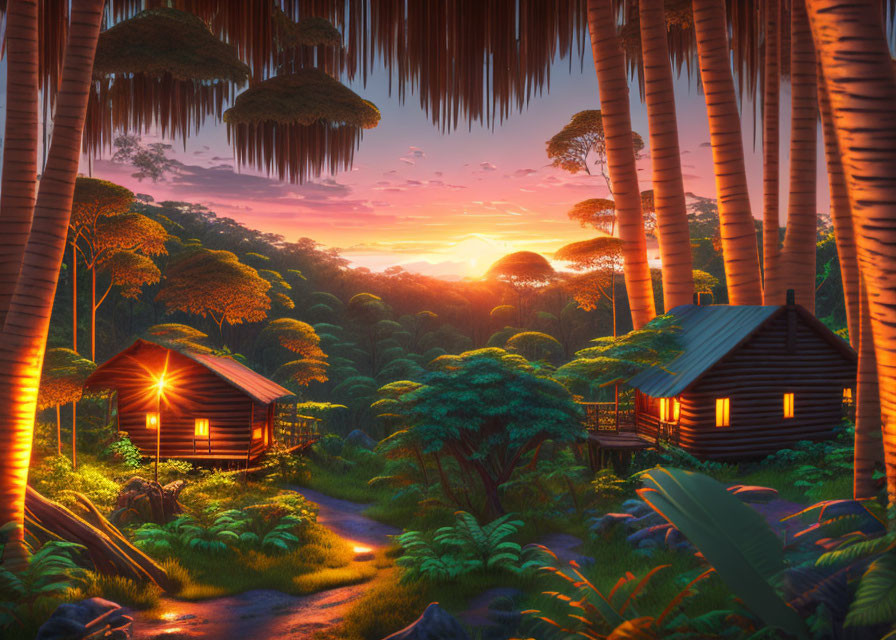 Illuminated wooden cabins in lush tropical forest at sunset