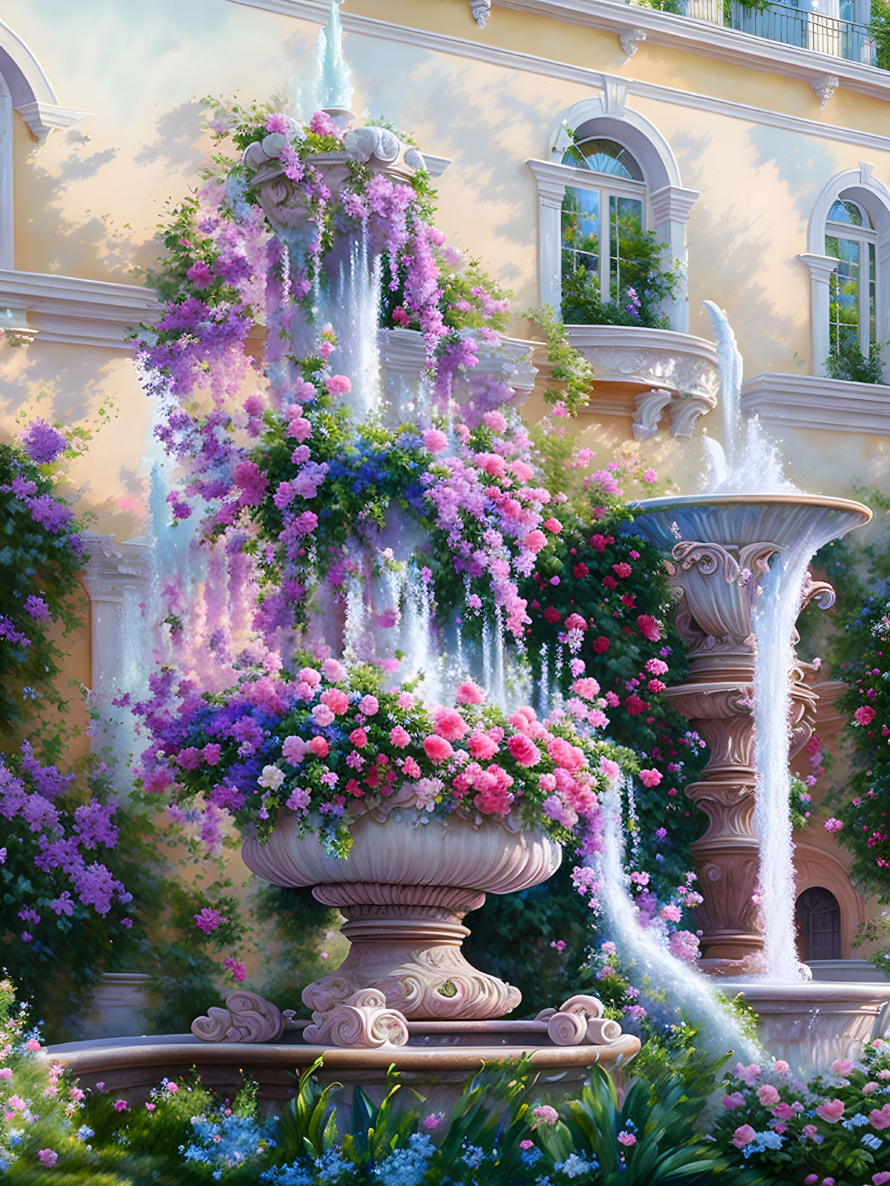 Ornate Fountain Surrounded by Lush Flowers and Classical Building