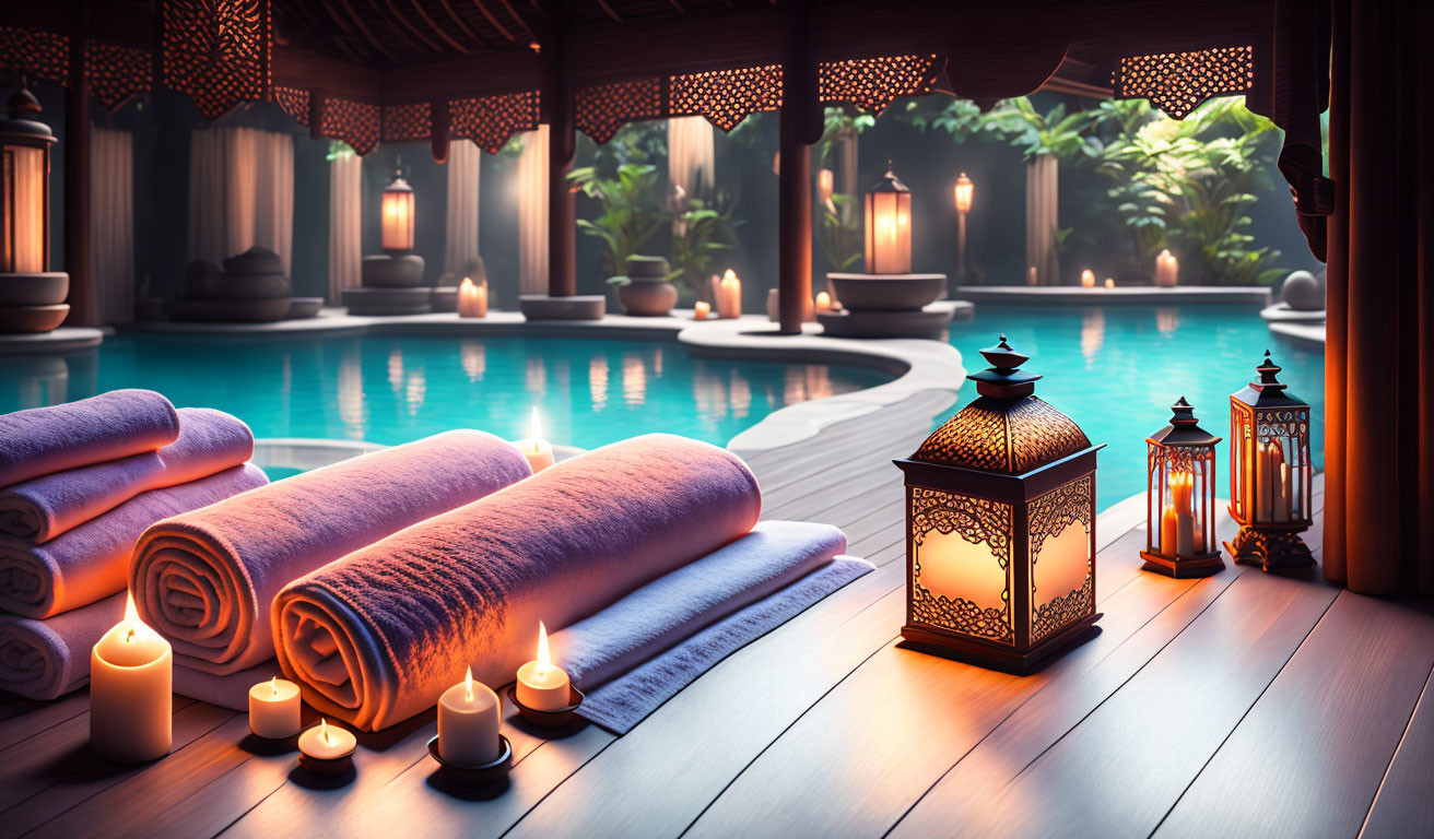 Tranquil spa setting with towels, candles, lanterns, ornate wooden decor, and lush