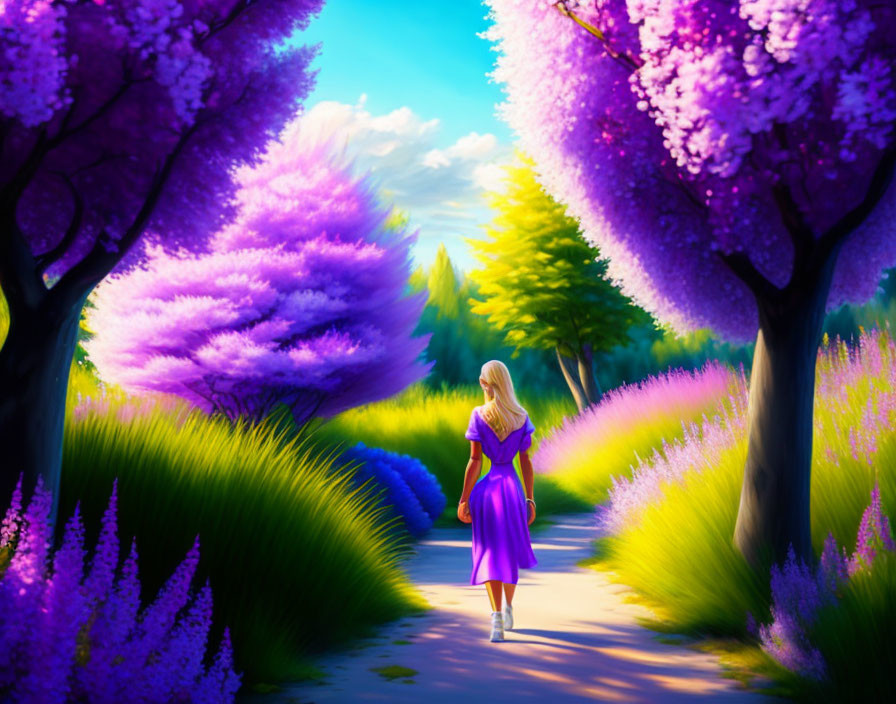 Woman in pink dress strolling on vibrant path with purple trees and sunny sky