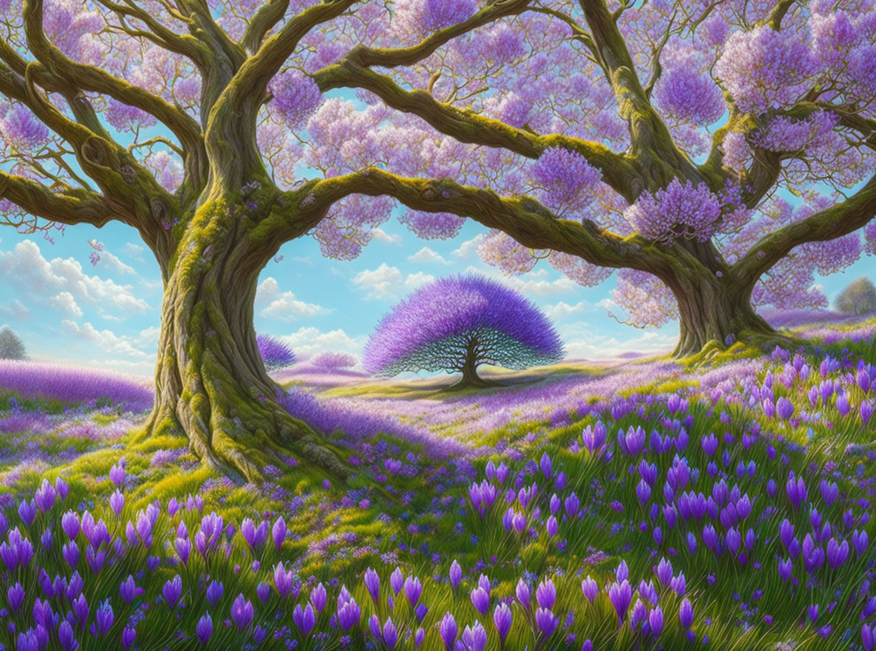 Majestic purple trees in bloom with violet flowers in vibrant landscape