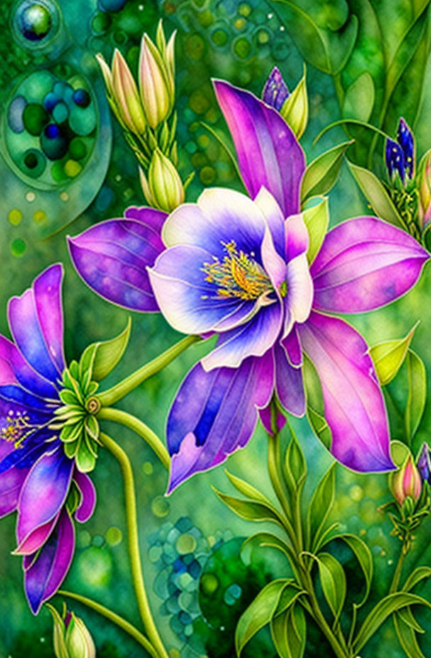 Colorful digital artwork featuring purple flowers, green foliage, and whimsical bubbles on textured green background.