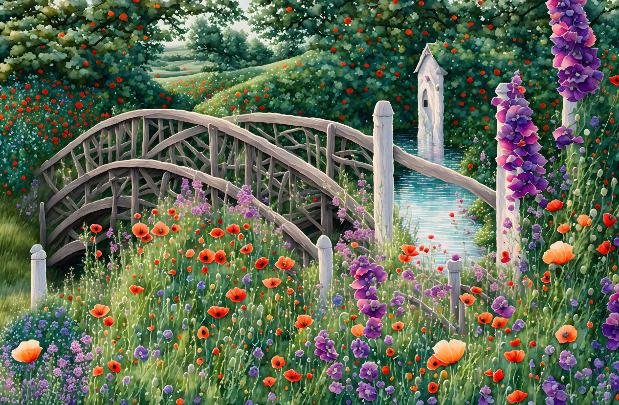 Tranquil garden scene with wooden bridge, stream, lush trees, vibrant flowers, and white bird