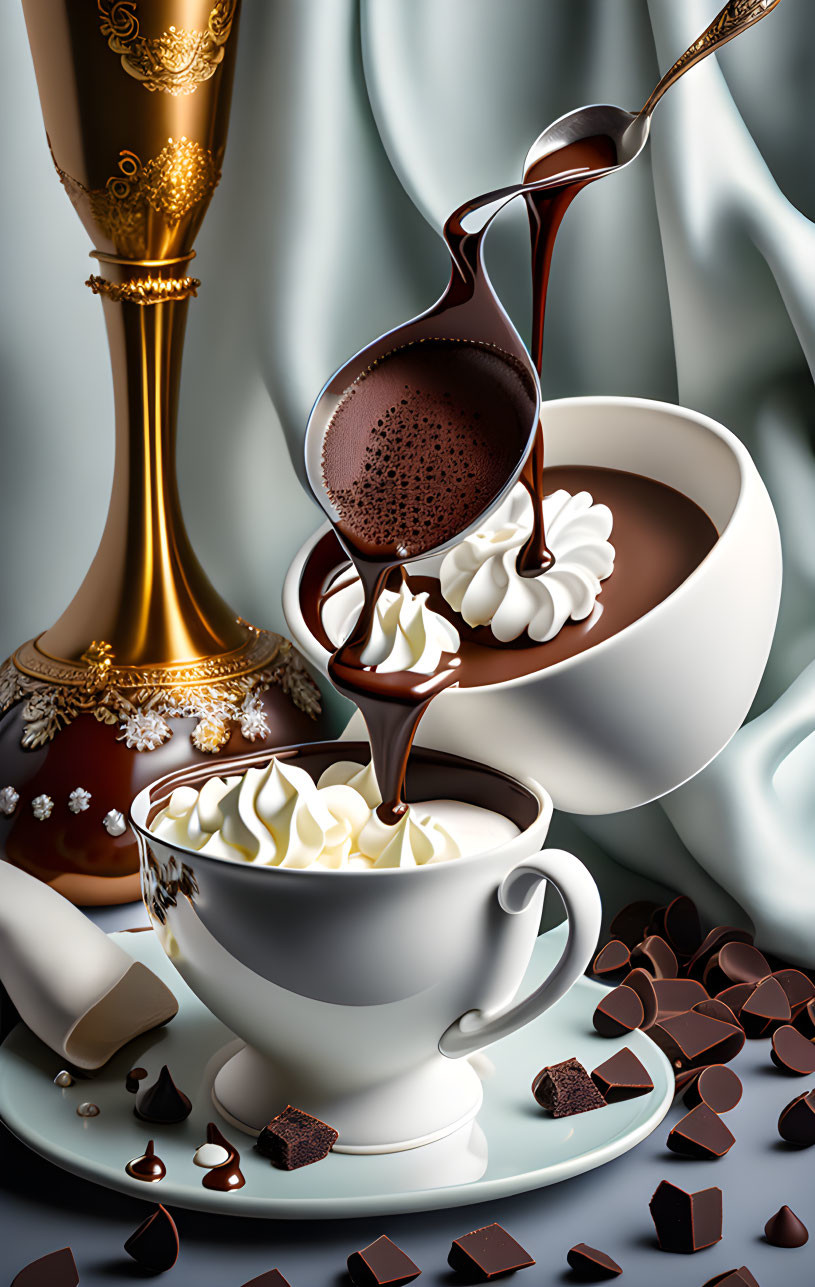 Chocolate-themed still life with hot chocolate, whipped cream, melted chocolate, chocolate pieces, and gold cup