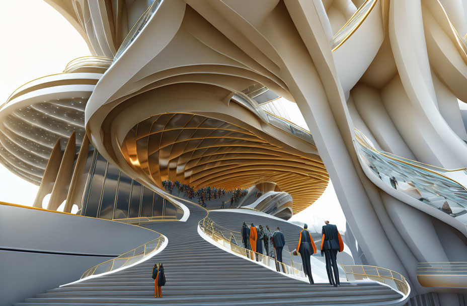 Modern atrium with swirling staircases and organic architecture in sleek, illuminated setting